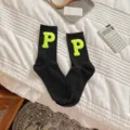 Black mid-calf socks with neon green puffy letter P patch, cozy daily casual warm socks. - One Size / Black Socks + Fluorescent Green P