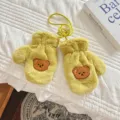 Cute plush bear winter gloves for kids, yellow fleece-lined warm mittens with hanging neck cord. - Age 3-8 / Yellow Gloves with Brown Bear