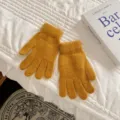 Einfarbige warme gestrickte Fünffingerhandschuhe Damen Winter kuschelige Wollplüsch - Einheitsgröße / Kaninchenfell-Stil - Gelb