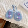 Cute fuzzy blue winter mittens for babies with bear charms and pom-poms warm cute gloves - Blue + Purple Bear