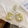 Cute winter fleece baby mittens with 3d bear and colorful pom poms, warm hanging rope. - Green + Yellow Bear