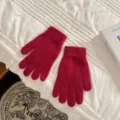 Cozy red rabbit hair knit five finger gloves, soft warm winter gloves for women students. - One Size / Rabbit Hair Burgundy