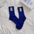 Koreaanse koningsblauwe sokken met schattig geel smiley-label voor casual dagelijkse stijlen. - Eén maat / Koningsblauw