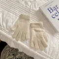 Cozy winter fleece knit five-finger gloves in solid beige, soft and warm for women. - One Size / Rabbit Hair Beige