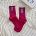Koreaanse stijl roze middelhoge sokken met leuk smiley label comfortabele casual kleding - Eén maat / Rozerood