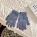 Cozy winter blue fuzzy knit five-finger gloves for women, soft plush warm rabbit hair woolen mittens. - One Size / Rabbit Hair Denim Blue