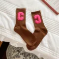 Automne hiver de nouvelles chaussettes mi-hautes coton lettre C colorée femme tendance - Taille Unique (EU 34-39) / Chaussettes Marron avec C Rose Vif