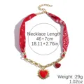 Red bandana fabric spliced gold cuban chain necklace featuring sparkling red heart pendant. - Red Paisley (N2511-8)