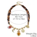 French Retro Leopard Print Fabric Spliced Gold Chain Necklace with Sun Moon Charms - Leopard Sun Moon (N2511-12)