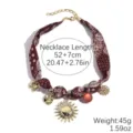 French retro paisley silk scarf necklace with big sun pendant, brown color variant. - Red Pattern Sun Rays (N2511-14)