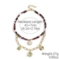 Leopard print fabric and gold chain layered necklace with pearl pendant and coin charms. - Brown Spots Gold Coin (N2506-4)