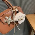 Braune Leder Handtasche im koreanischen Stil mit niedlichem Hundeset und Stern Anhaenger. - Milchkaffee Schleife Hund