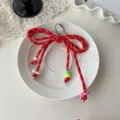 Red braided bow keychain with colorful beads, cute dopamine bag charm and sweet girl accessory. - Red