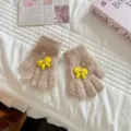 Children's winter warm knit five finger gloves cute plush fuzzy mittens with yellow bow decor - Suitable for 3-6 years old / Khaki Gloves + Yellow Bow
