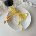 Chic yellow plaid woven bow keychain colorful beads cute bag charm sweet accessory - Light Yellow