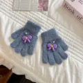 Kids winter knitted gloves cute purple bow plush warm thick gloves variant display - Suitable for 3-6 years old / Dark Blue Gloves + Purple Bow