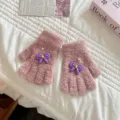Cute kids fuzzy knit gloves in pink with sweet purple bow, cozy winter warm thermal wear. - Suitable for 3-6 years old / Deep Pink Gloves + Purple Bow