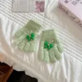 Kids green fuzzy winter gloves with cute bow, soft coral fleece warm knit mittens for girls. - Suitable for 3-6 years old / Green Gloves + Green Bow