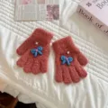 Kids autumn winter cute plush knitted gloves with sweet bow decoration, warm and cozy. - Suitable for 3-6 years old / Watermelon Red Gloves + Blue Bow