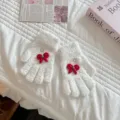 Cute White Plush Coral Fleece Gloves Kids Winter Warm Bowknot Knit Winter Mittens - Suitable for 3-6 years old / White Gloves + Red Bow