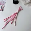 Rosa weiße geflochtene Kletterseil Schlüsselanhänger niedlicher Herz Karabiner Tasche Anhänger - Dunkelrosa Schwarze Punkte + Dunkelrosa Leder