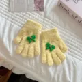 Kids winter warm fuzzy knit gloves cute yellow split finger gloves with green bow decor - Suitable for 3-6 years old / Yellow Gloves + Green Bow