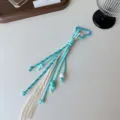 Blauer geflochtener Seil-Schlüsselanhänger mit Spitzenband und Herz-Karabiner Taschenanhänger - Beige Baumwollspitze mit drei Perlen