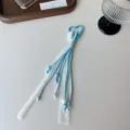 Blue lace woven lanyard keychain with cute climbing rope design for car keys and bags. - White Elastic Lace with Blue Base Pink Dots