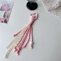Pink white lace climbing rope keychain cute heart clasp bag charm aesthetic accessory - Beige Cotton Lace + Orange Pink Coffee Dots