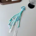 Blue braided keychain with lace ribbons and cute charms, perfect cute bag pendant accessory. - White Elastic Lace with Wing Pendant