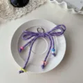 Purple braided bow keychain with colorful beads, sweet dopamine style bag charm pendant. - Purple