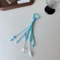 Blue braided keychain bag charm aesthetic lanyard cute woven strap with carabiner and beads - Blue Base Pink Dots with Wing Pendant