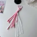 Pink white lace braided rope keychain cute car key ring girlish aesthetic bag charm pendant - White Elastic Lace + Dark Pink Twill Three Beads