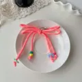 Pink Woven Bow Keychain Dopamine Colorful Bag Pendant Cute Sweet Key Ring Accessory - Fluorescent Pink