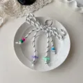 Sweet dopamine woven bow keychain and bag charm with colorful beads and metal ring. - White