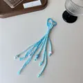 Blue braided lace lanyard bag charm and keychain with cute heart buckle and beaded accents. - Blue Cotton Lace with Three Beads