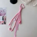 Pink and white woven keychain strap with heart clasp, sweet style bag charm pendant for women. - Pink Herringbone Tape + Wing Pendant