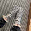 Cálidos guantes de cachemira táctiles para mujer con elegante lazo de perlas en invierno. - Talla única / Estilo de Lazo con Cuentas / Gris