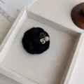 Black tweed fabric camellia brooch hair clip with metal number five and sparkling rhinestones. - Thickened Black Sequin + Number 5 Brooch