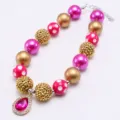 Kids chunky beaded necklace with crystal teardrop pendant, fashion colorful jewelry for girls. - Pink