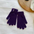 Winter purple knitted gloves for women with metal tag, warm and cozy finger gloves accessory. - One Size / Purple