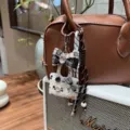 Cute tweed bow mini bag charm keychain, stylish small fragrance handbag pendant accessory. - Beige Bag Pendant