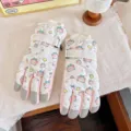 Cute cartoon bear winter ski gloves for kids and parents, touch screen warm thermal gloves. - Adults / White Bowtie Bear