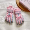 Kids waterproof ski gloves winter warm thick fleece lined anti-slip cute monster design - Fits 6-12 Years / Pink