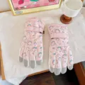 Winter warm ski gloves for kids and parents, cute bear pattern, waterproof and touch screen. - Adults / Pink Bowtie Bear