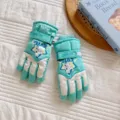 Kids winter ski gloves in cyan, waterproof thickened warm plush anti-slip touch screen design. - Fits 6-12 Years / Cat Star Lake Green