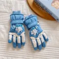 Kids blue and white ski gloves, waterproof thickened warm plush five-finger winter gloves. - Fits 6-12 Years / Cat Star Blue
