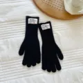 Schwarze Strick-Langen-Handschuhe für Damen, warme Winter-Fünffinger-Handschuhe mit Label. - Einheitsgröße / Schwarz