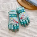 Children winter waterproof ski gloves with cute unicorn pattern, warm thick touch screen mittens. - Fits 6-12 Years / Rainbow Horse - Lake Green