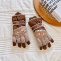 Waterproof winter kids ski gloves in brown with warm fleece lining and fun cartoon face design. - Kids Size (Ages 6-12) / Coffee